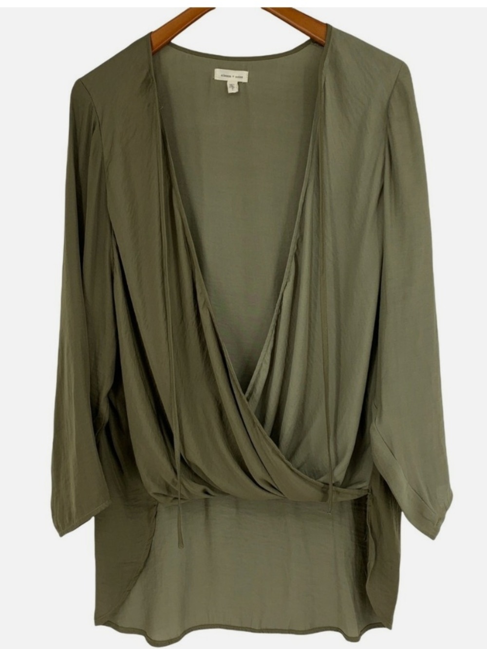 silence + noise olive draped wrap-front blouse